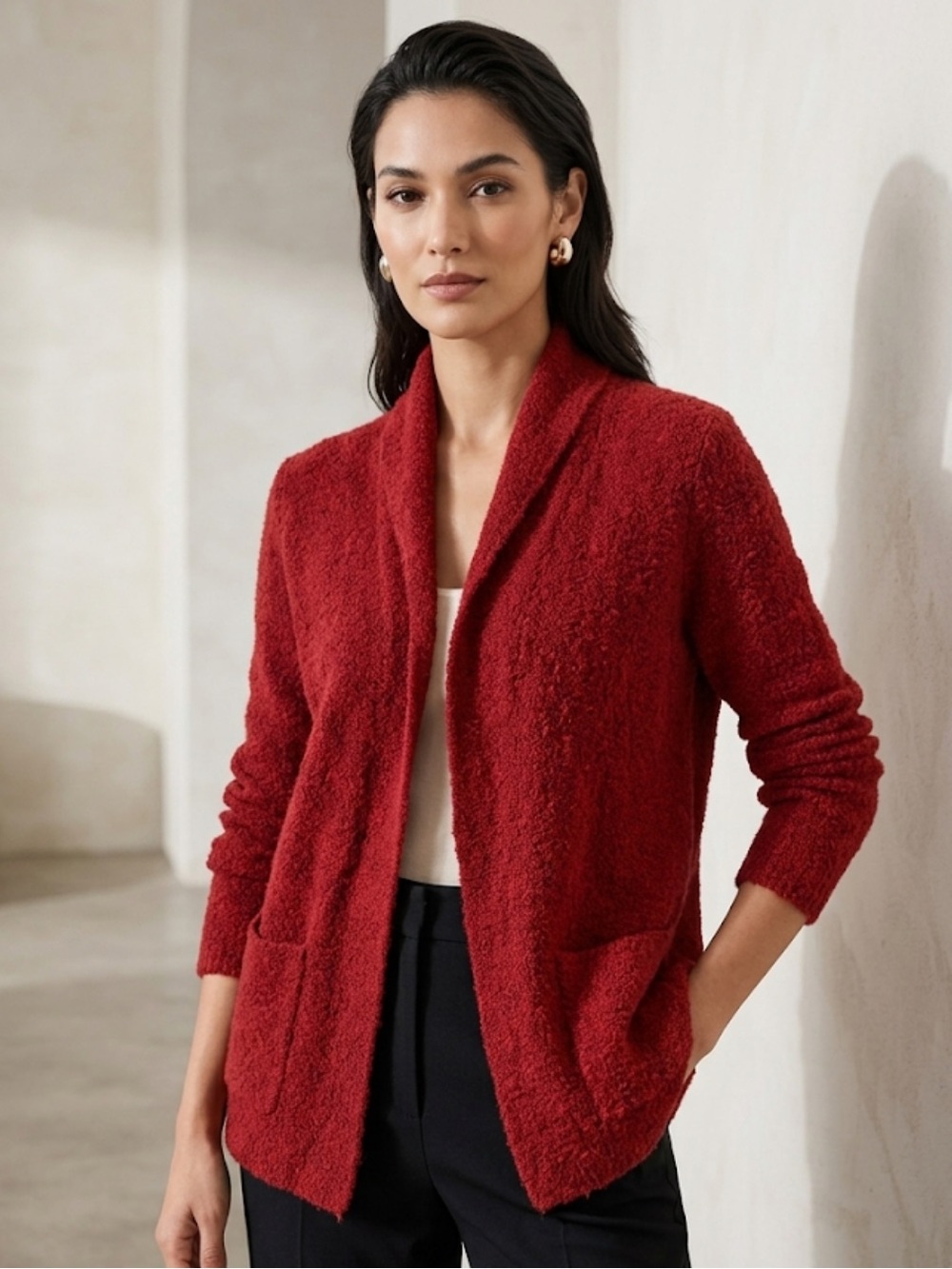 Eileen Fisher Open Front  Shawl Pocket Merino Wool Blend  Cardigan